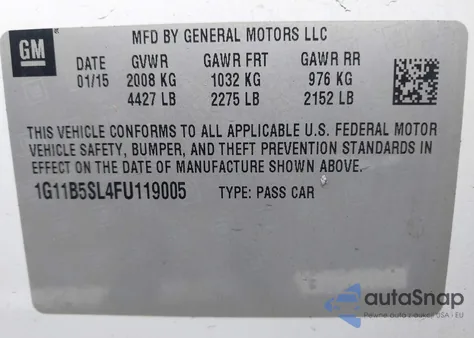 2015 Chevrolet Malibu Ls из США, поврежденный, VIN 1G11B5SL4FU119005